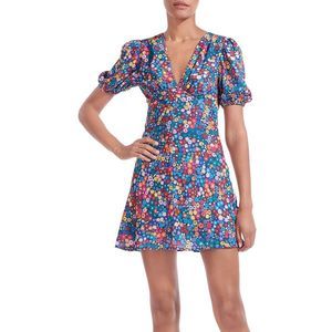 STAUD Womens Milla Navy Puff Sleeve V Neck Above Knee Mini Dress NWT